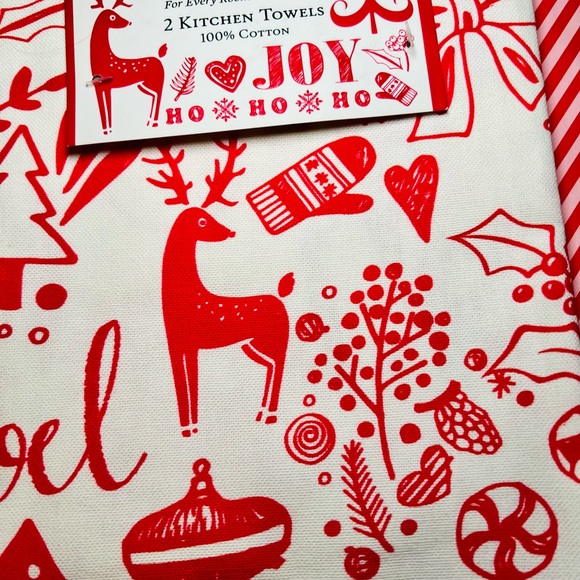 2 Christmas Red Holiday Images Kitchen Tea Towels Reindeer Believe Merry Joy - Picture 13 of 16